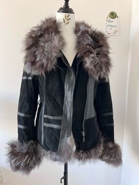 Vintage Black Real Suede Fox Fur Trim Collar & Cuffs Biker Moto Jacket Size M-L